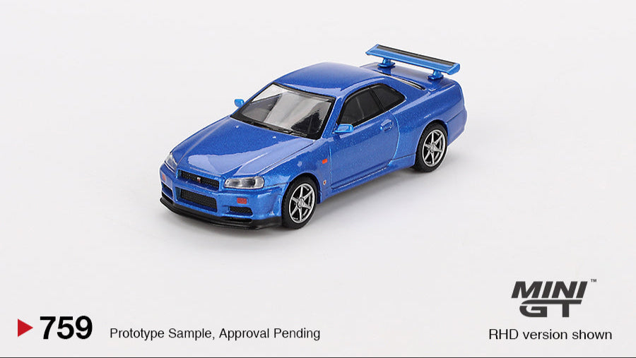 NISSAN SKYLINE GT-R (R34) V-SPEC BAYSIDE BLUE 1999 - Mini GT - 1/64