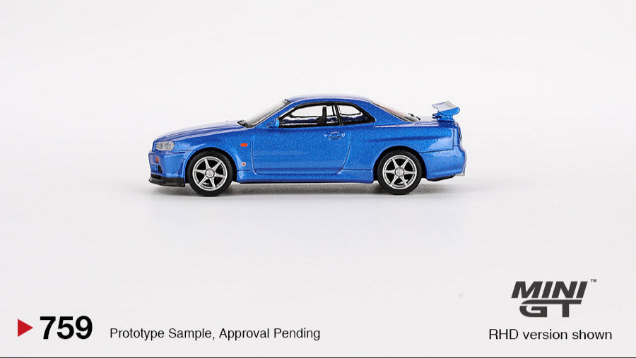 NISSAN SKYLINE GT-R (R34) V-SPEC BAYSIDE BLUE 1999 - Mini GT - 1/64