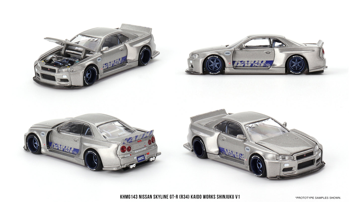 NISSAN SKYLINE GT-R (R34) KAIDO WORKS SHINJUKU V1 SILVER 1999 - Mini GT/Kaido House - 1/64