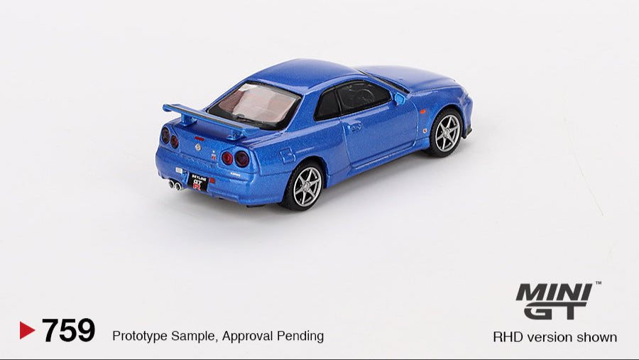 NISSAN SKYLINE GT-R (R34) V-SPEC BAYSIDE BLUE 1999 - Mini GT - 1/64