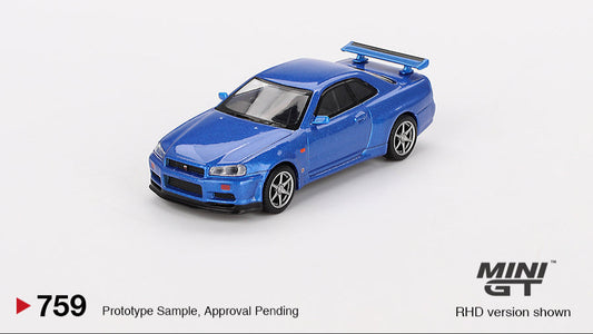 NISSAN SKYLINE GT-R (R34) V-SPEC BAYSIDE BLUE 1999 - Mini GT - 1/64