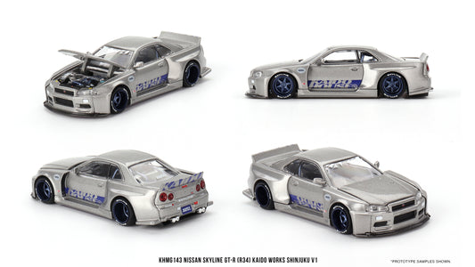 NISSAN SKYLINE GT-R (R34) KAIDO WORKS SHINJUKU V1 SILVER 1999 - Mini GT/Kaido House - 1/64