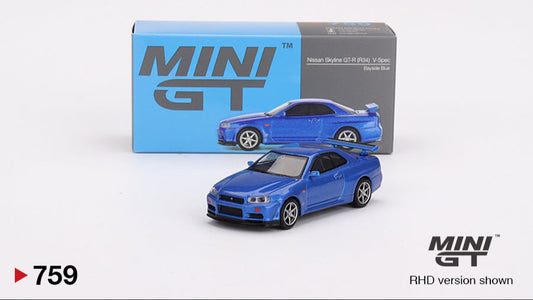 NISSAN SKYLINE GT-R (R34) V-SPEC BAYSIDE BLUE 1999 - Mini GT - 1/64