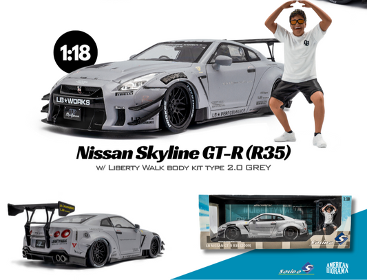 NISSAN GT-R (R35) W/ LIBERTY WALK BODY KIT TYPE 2.0 GREY 2024 + Figurine - Solido - 1/18